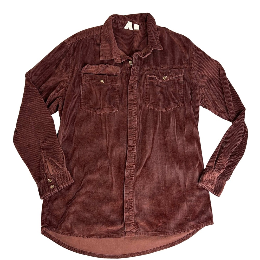 Roxy Womens Corduroy Button Down Shirt Burgundy Brown Cotton Long Sleeve Large